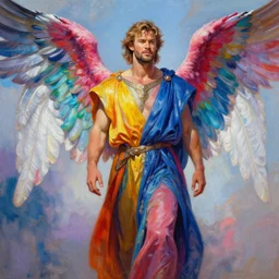 chris hemsworth as an angel, large wings, long robes, vivid colors, photorealistic painting by mandy jurgens, trending on artstation, photorealism, detailed painting, behance hd, hyper realism