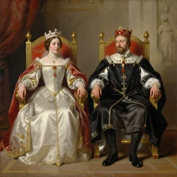 a king and queen sitting on thrones, oil painting