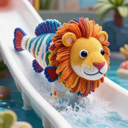 a closeup photorealistic photograph of a colorful knitted barracuda lion coming down a water slide. intricate stitching. professional capture. bright scene. this 4 k hd image is trending on artstation, featured on behance, well - rendered, extra crisp, features intricate detail, epic composition and the style of unreal engine.