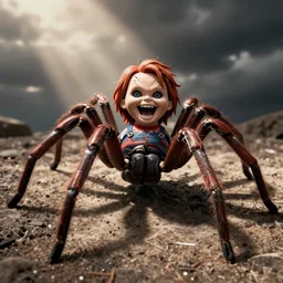 giant spider with screaming chucky doll head for eyes