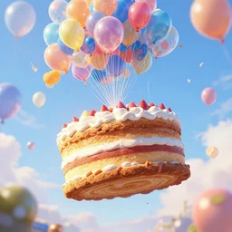 a giant floating cake suspended to plenty of floating birthday balloons. digital art, highly - detailed, artstation cgsociety masterpiece