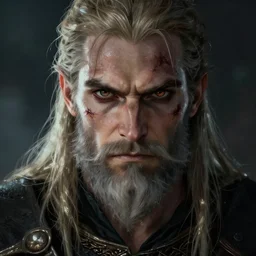 geralt of rivia with long beard and intense eyes, scarred, wet, close up, rim lighting, portrait, sinister atmospheric lighting. highly detailed painting by greg rutkowski, anime style