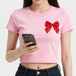 a woman in a short pink top holding a cell phone with a red bow on it's chest and a gold chain is holding a phone in her hand, a picture by isabel naftel, instagram, superflat, sensual, colorful