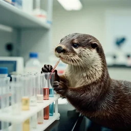 film still of a otter working in a research lab filling test tubes, 8 k