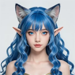 studio photographic vibrant photograph of a extremely beautiful young cat girl and elves hybrid, symmetrical, long blue wavy hair, sharp focus on the eyes, wide - angle lens, wide shot, final fantasy, details, intricate, octane render, smooth face, illustration, hyperrealistic, by wlop and dmitry prozorov, artgerm, artstation, award winning,