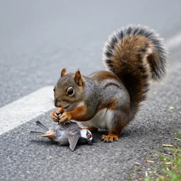 nature photography of a squirrel eating a dead bird on the side of the road