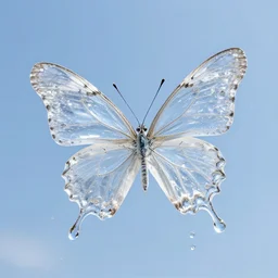 beautiful delicate watery crystal butterfly photo, blue clear background, small drops splash