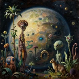 a beautiful alien planet with plants and strange animals. Oil painting in the style of Segantini.
