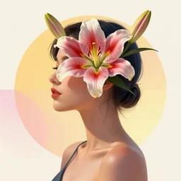 photo of a girl with a lily instead of her head in vibrant lighting, elegant, highly detailed, smooth, sharp focus, illustration, beautiful, geometric, trending on artstation, cinematic, artwork by WLOP