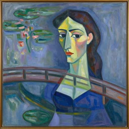 monet's water lily bridge painted in the geometric style of picasso's portrait of henry david kahnweiler, abstract painting
