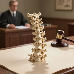 neck vertebrae in the courtroom getting sued, judge with gavel, high detail, realistic