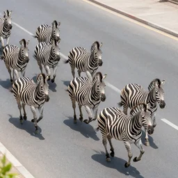 polychromatical zebras running in maddison avenue, view from the sky running on a stampede, realistic