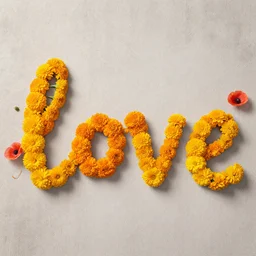 the word love written with marigolds and poppies