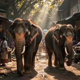 elephants walking through an street market in India