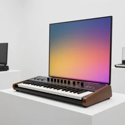 dezeen showroom , minimalissimo, archdaily, , teenage engineering moad, mother of all decks, product design concept,product shot of moog melotron synthesizer with gradient screens designed by patricia urquiola, jony ives, dieter rams, 8k, highly detailed photo