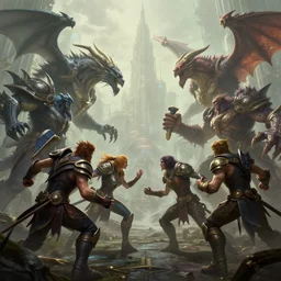 8 - bit hyperrealism fantasy creatures fight scene with characters from league of legends portrait, by anthony van dyck, digital art, wallpaper of an fantasy fight, background of sci fi city in fog, diffused lighting, extremely detailed, 8 k, sharp, trending dop hdr, film grain