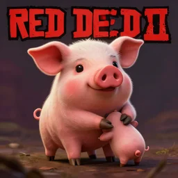 cute little anthropomorphic Pig in Red Dead Redemption 2 (2018 videogame) cover art, ultra wide lens shot , tiny, swine, hug, small, short, cute and adorable, pretty, beautiful, DnD character art portrait, matte fantasy painting, DeviantArt Artstation, by Jason Felix by Steve Argyle by Tyler Jacobson by Peter Mohrbacher, cinematic lighting
