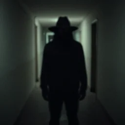 paranormal photo of a shadow people hatman in a corridor looking at the camera, dark, amateur photo, low quality, grainy, diffuse, blur