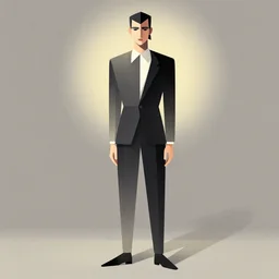 editorial illustration full body portrait of reol, modern art deco, mads berg, christopher balaskas, stippled light, fog, fine texture, dynamic composition, detailed, ( ( dither ) ), bauhaus, orange + red + black + blue