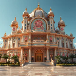 bright solarpunk palace exterior, extreme opulence, utopia, cinematic, futuristic, realistic, high detail front view