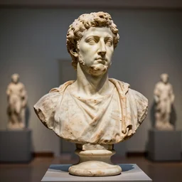 a greek sculpture bust of volodymyr zelenskyy in a ancient art museum, epic lighting, art photography