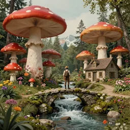 adventurer ( ( ( ( ( 1 9 5 0 s retro future forrest of giant mushrooms, moss and flowers stone bridge waterfall and cottage. muted colors. ) ) ) ) ) by jean baptiste monge!!!!!!!!!!!!!!!!!!!!!!!!! chrome red