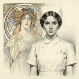 hyperrealist pencil sketch of a lovely female nurse david malan and alphonse mucha, fantasy art, drawing, dynamic lighting, artstation, poster, volumetric lighting, very detailed faces, 4 k, award winning