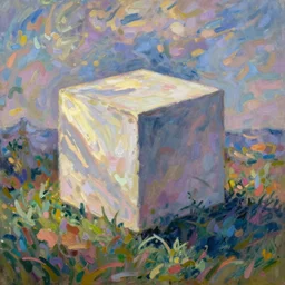 beautiful painting of companion cube in a beautiful landscape, monet, rhads, renoir, degas