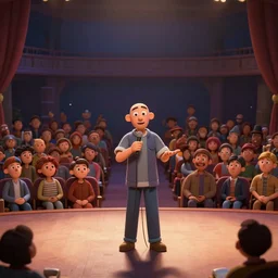 a comedian performing on a stage in front of a large audience. claymation. dof 1 0 0 mm