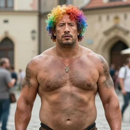 dwayne johnson as lgbt rainbow haired obese dirty trans, looking at the camera, medium shot, trip to legnica, very realistic film still, natural