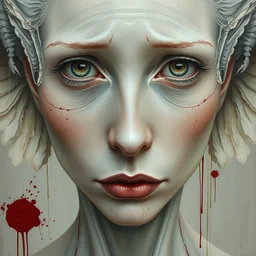 a hyper detailed and abstract portrait of a albino lady from heaven, eyes full of happiness, sad expression, beautiful symmetrical face, award winning painting, brush splashes of blood, artwork by chiara bautista and beksinski and norman rockwell and greg rutkowski, tom bagshaw weta studio, and lucasfilm