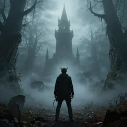 devil, scary, magical area, foggy area, by greg rutkowski, sharp focus, man standing, tower