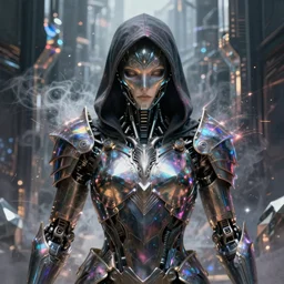 Ultra realist and ultra intricate detailed painting of an powerful dark hooded armor iridescent assassin, human face biomechanical body, symmetry, rich style, glowing iridescent sparks and smoke behind, crystallic cyberpunk megastructure background, artstation, unreal render, depth of field
