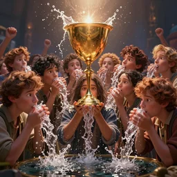 a crowd of people drinking water splashed from the holy grail, pixar illumination studios by tom mcgrath, cinematic wide angle remix mesh bubbly slimy edgy