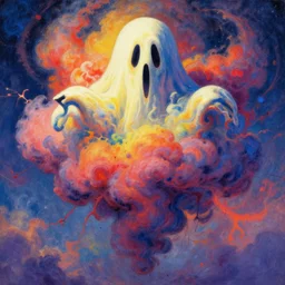 A psychedelic crash cloud giant ghost , vibrant color scheme, highly detailed, in the style of romanticism, cinematic, artstation, Moebius, Greg rutkowski