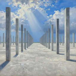world of only concrete, a flat endless plane of concrete covered in thin, very tall concrete pillars that go on to the horizon, open sky, blue sky with clouds, god rays, beautiful painting, oil on canvas, by Ewa Czarniecka, award winning masterpiece,