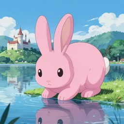 big pink bunny, bright colors, looking down to water to see a reflection, a lake in the background and an island with a castle on it, anime art, high resolution 4 k, by makoto shinkai