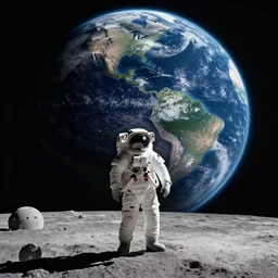 a lonely astronaut standing on the moon looking at earth, 4k