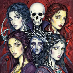 hunchback death pilgrimage, in the style of cyborg adi granov, colourful hand drawing, beautiful faces, dramatic, tragic, intricate, detailed, beautiful