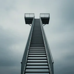 long straight steep metal staircase extending to a platform in the sky, high sharpness, concept art, dreamlike, highly detailed, moody lighting