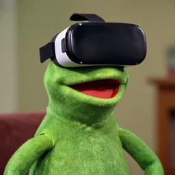 Grainy 35mm photograph of surprised kermit the frog wearing VR, detailed