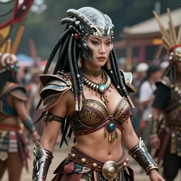 hyper realistic photography portrait of postapocalyptic yautja predator cyberpunk asian japanese cyborg tribal festival warrior curvy voluptuous curvaceous partygirl amazon face cinematic, vallejo, full shot, craig mullins greg rutkowski, artstation, cgsociety