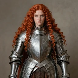 Symmetrical knight of symmetry. Thick Stocky red-haired holy woman with long curly symmetrical red hair. Plate armor.  Art by William-Adolphe Bouguereau.