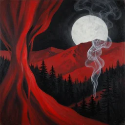 magical matte black forest overlooking the red mountains, chiaroscuro, red fabric, transparent smoke from hell, notan sun in the background, abstract, surreal art, painted by beksinski and android jones