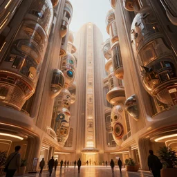 the inside of a very tall building, big pods decorated with cyberpunk motifs attached to the walls, octane render, warm color, cyberpunk inspired architecture by zaha hadid, cinematic, scenery, unreal engine, render, cgsociety, modernism, futuristic, trending on artstation, sci - fi, high detail, high quality, close up angle, people walking