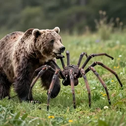 detailed photo of a giant spider arachnid fighting a grizzly bear in a meadow, spider legs gripping onto the bear