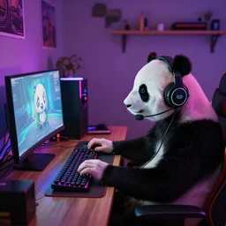 a teenage panda wearing a headset playing video games on a computer, the room is lit by the screen, digital art, colours, untidy room