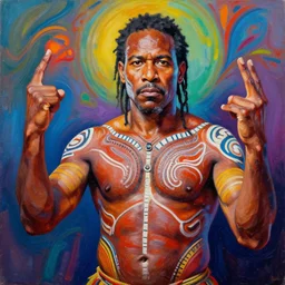 palette knife oil painting portrait of eddie dreamtime, an athletic middle - aged man in a hipster shirt and australian aboriginal body paint, using his reality bending powers, psychedelic, artstation trending, artgerm, any racial background, deviant art, hipster, octane, substance, art history 8 k