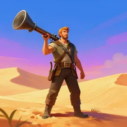 a man holding a large blunderbuss. standing in a sand dune. colorful, bright, fantasy, artgerm, dnd, fantasy, rpg