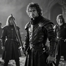 black and white photography of a men with a medieval sword by roberto ferri, masterpiece, by thomas blackshear, cinematic environment, dramatic lighting, magali villeneuve, jeremy lipkin